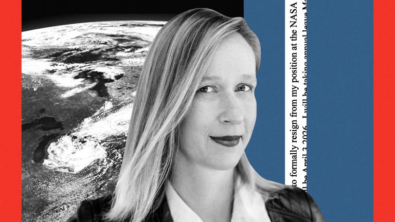 Collage of Kate Marvel, aerial view of earth, and snippet of resignation letter