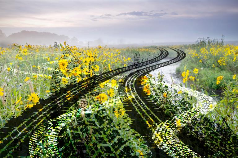 Illustration over tire tracks over prairie and stream
