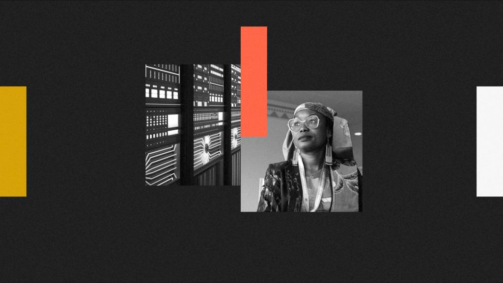 digital collage with photos of an AI data center and a woman wearing glasses and a head scarf, with red, yellow, and white rectangles