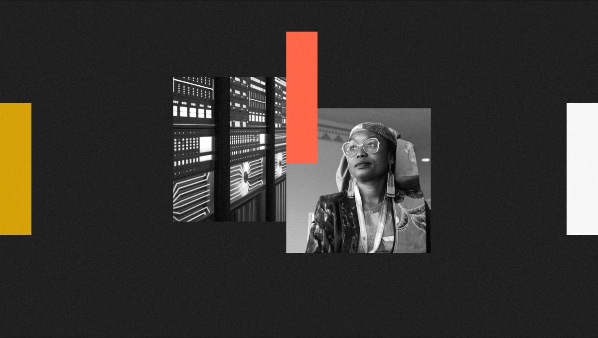 digital collage with photos of an AI data center and a woman wearing glasses and a head scarf, with red, yellow, and white rectangles