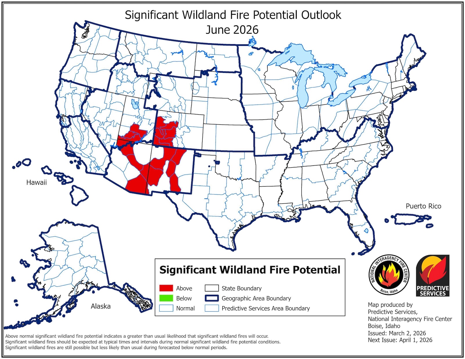 A map of wildfire potential showing all 50 states. A few areas in the Southwest are highlighted in red designating high risk areas. The map was updated March 2026