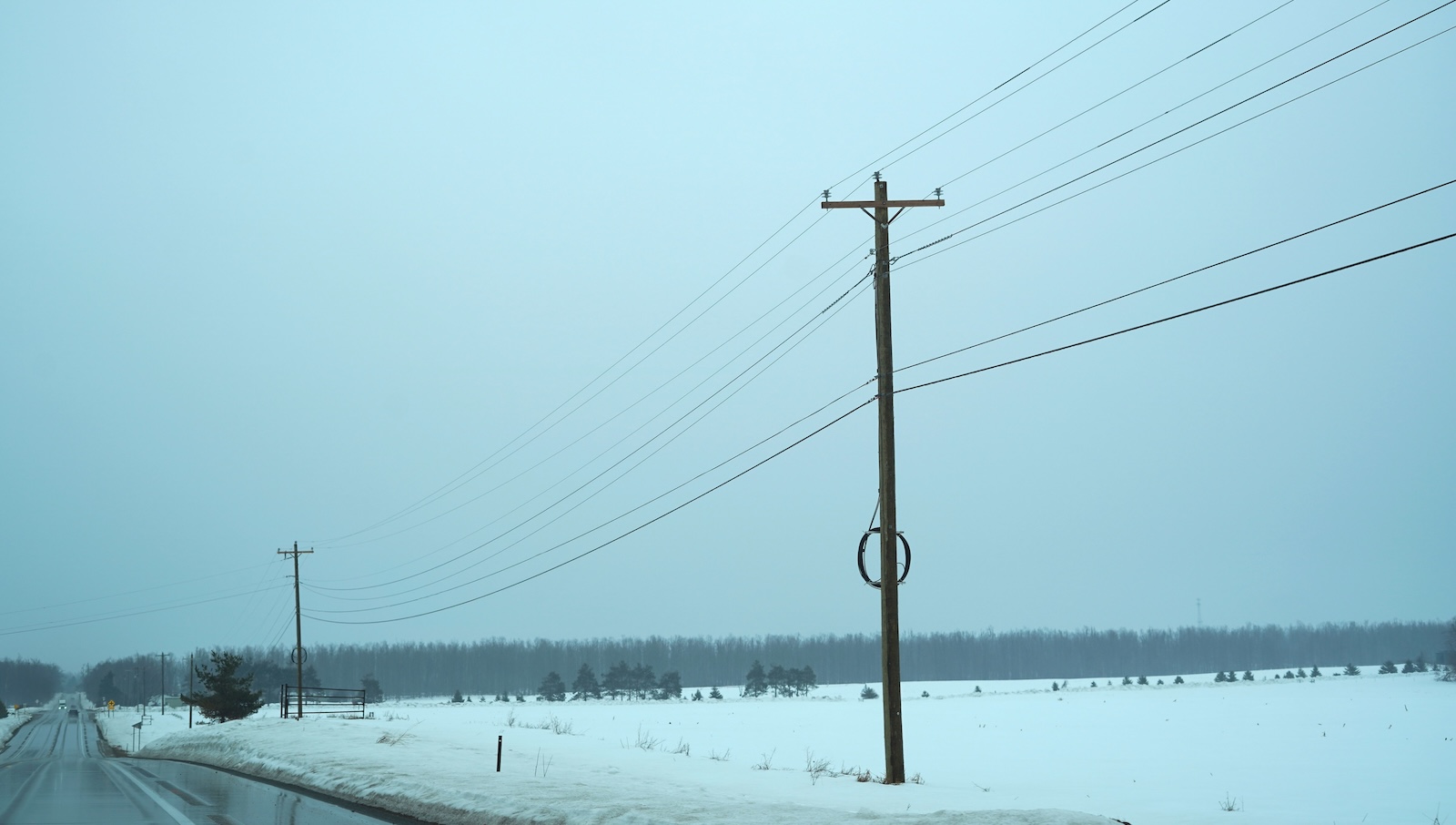 Intact poles and wires along a Michigan highway.