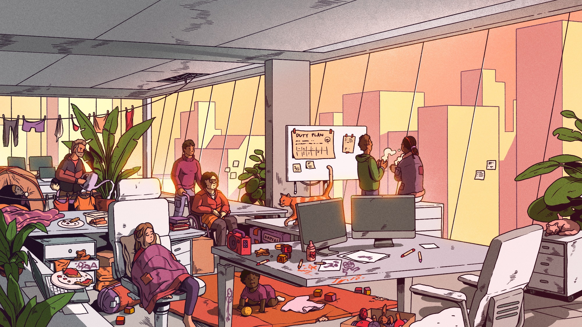 Illustration shows a typical gray office filled with colorful characters