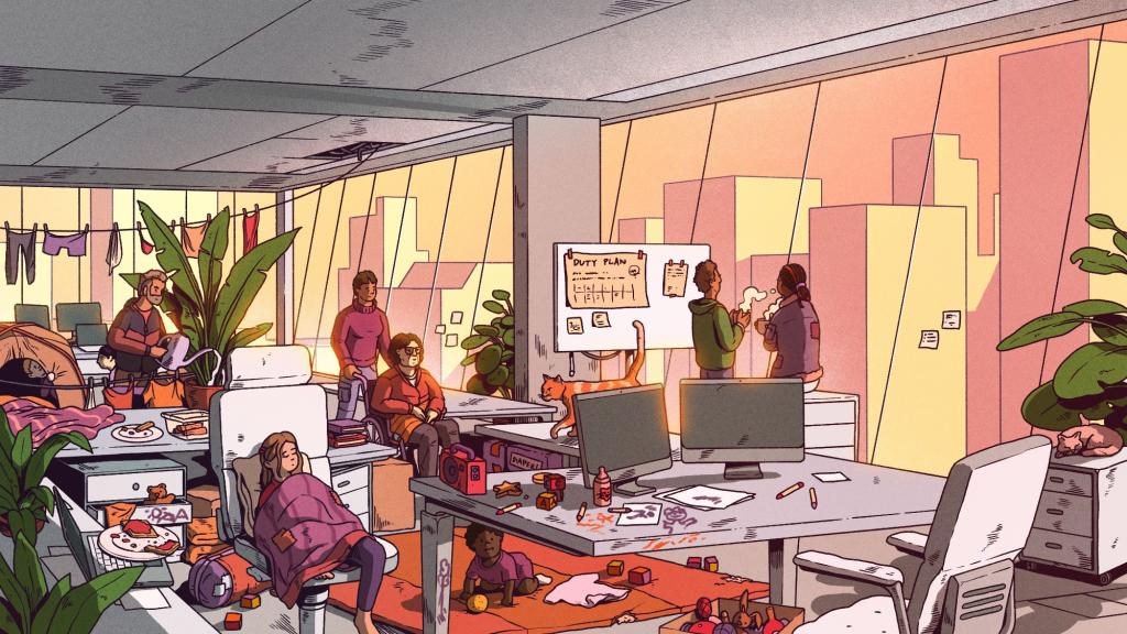 Illustration shows a typical gray office filled with colorful characters