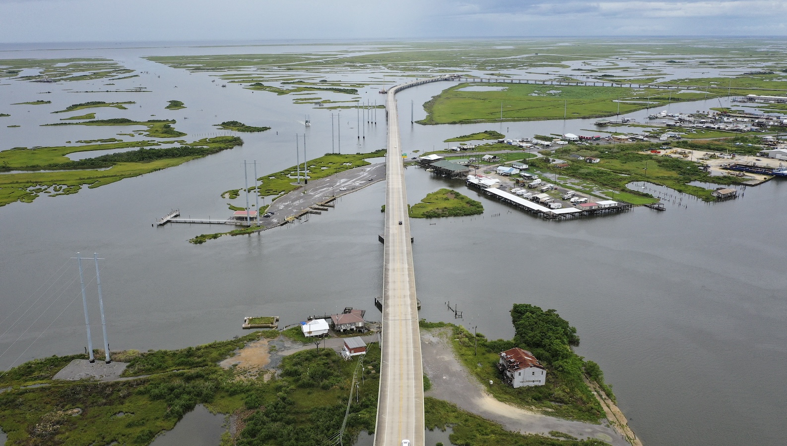overhead view of a highway built above marshland and open water in Louisiana