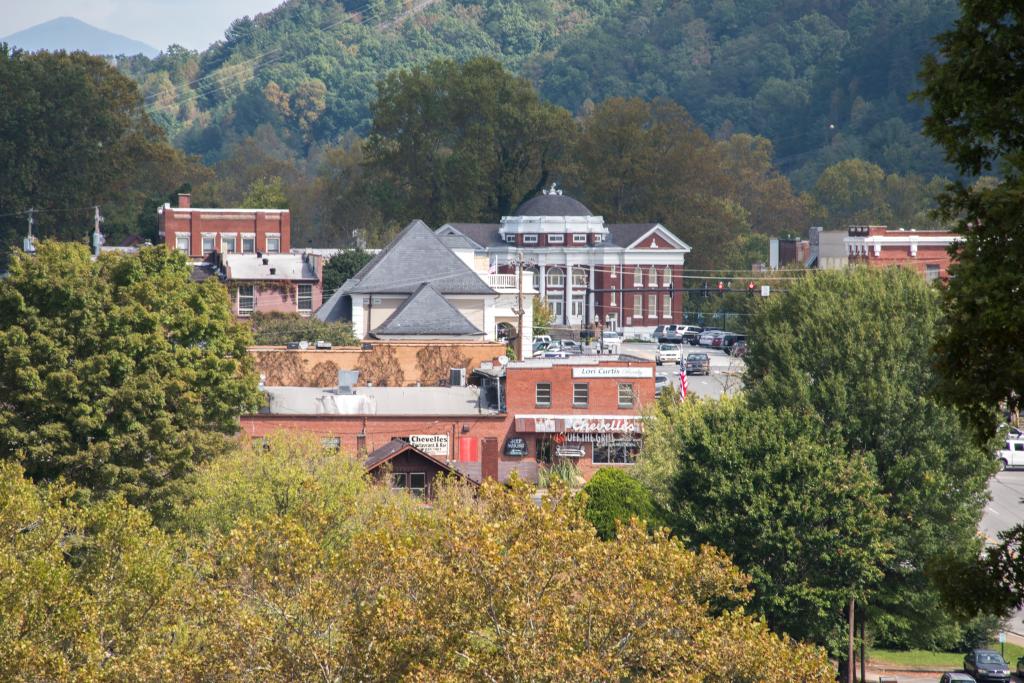 The downtown of Murphy, a rural community in the mountains of North Carolina, is glimpsed through the trees.