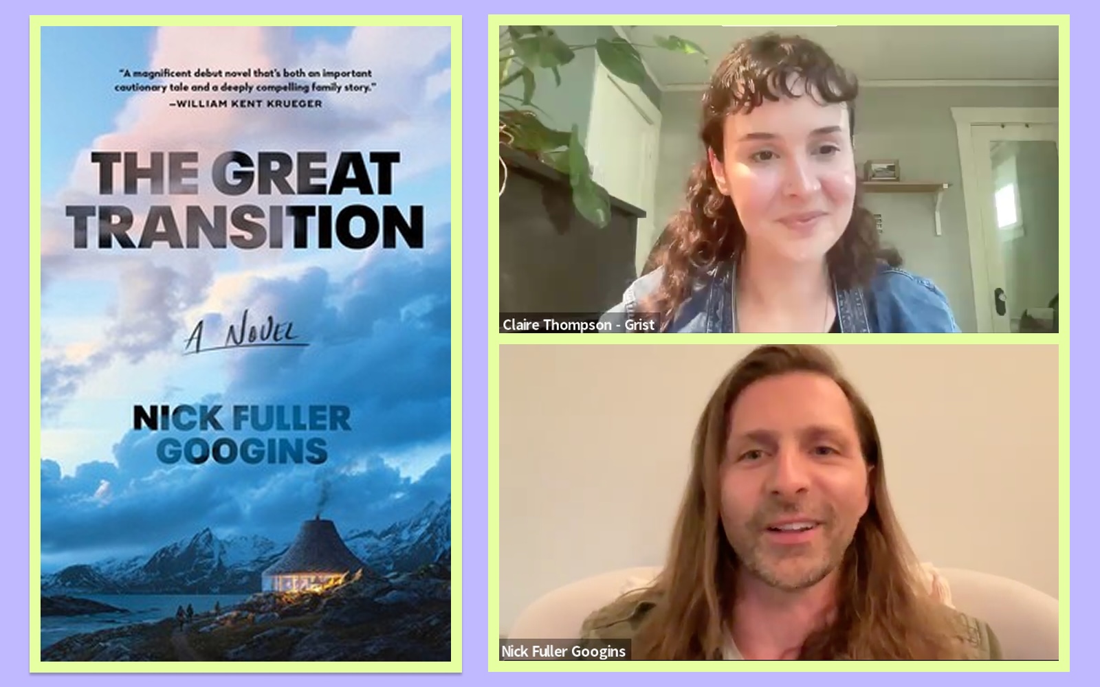 A book cover image of The Great Transition next to a Zoom screenshot that shows Claire Thompson and Nick Fuller Googins at the book club discussion