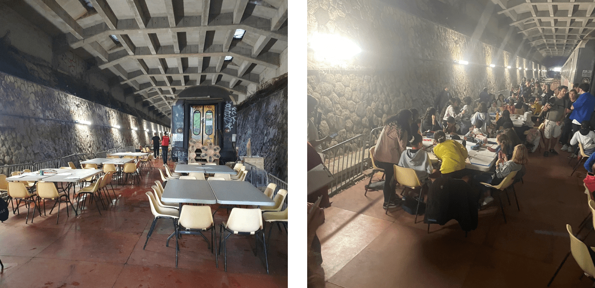 Two side-by-side photos show a classroom set up in a train tunnel and children seated at tables inside it
