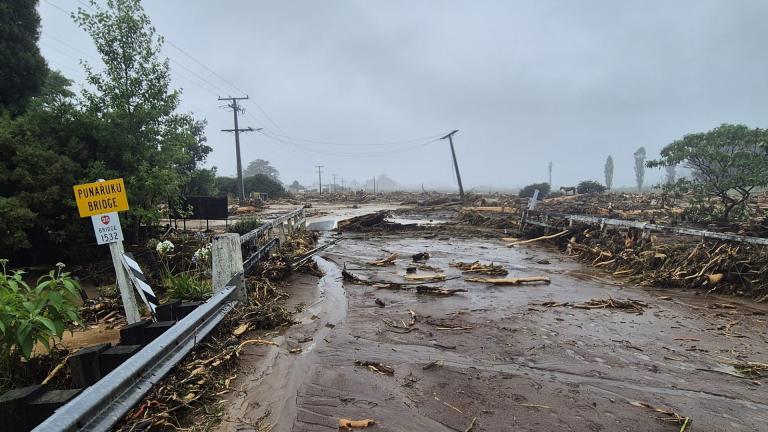 Flooded bridge with mud and tree branches strewn across