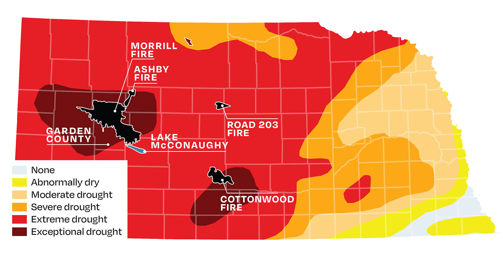 a map of Nebraska showing drought extremity levels by color alongside shapes of wildfires