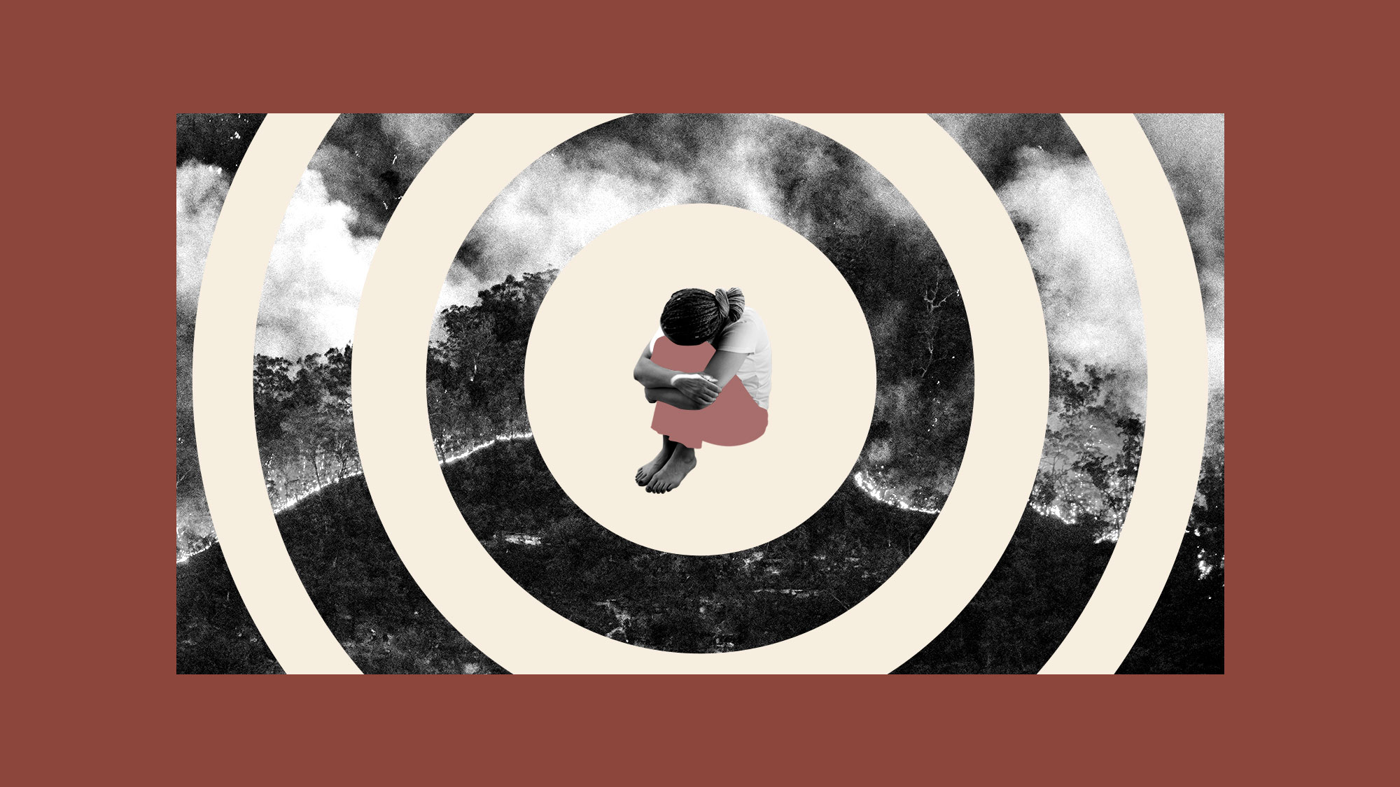 Collage of wildfire imagery closing in on an anxious person hugging their knees