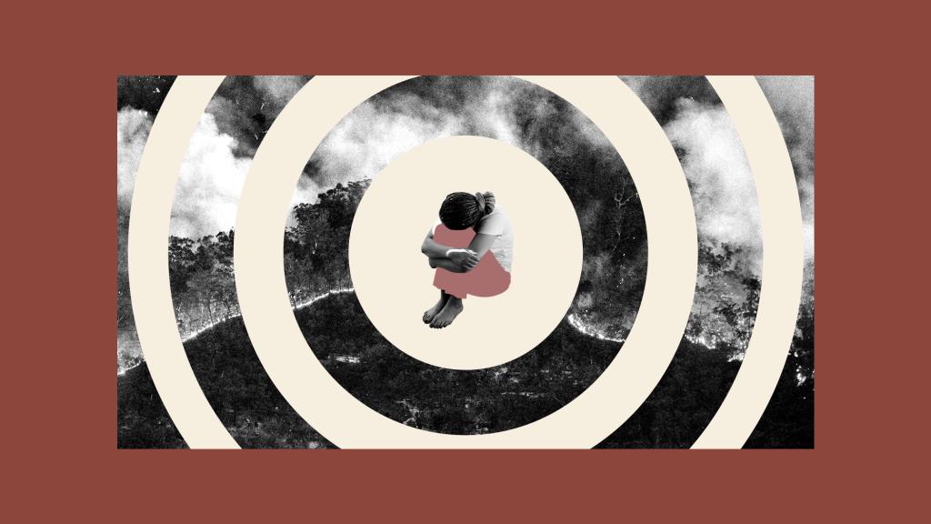 Collage of wildfire imagery closing in on an anxious person hugging their knees
