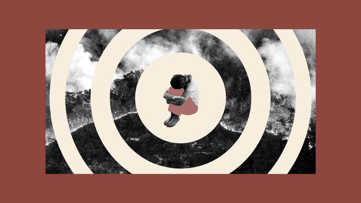 Collage of wildfire imagery closing in on an anxious person hugging their knees