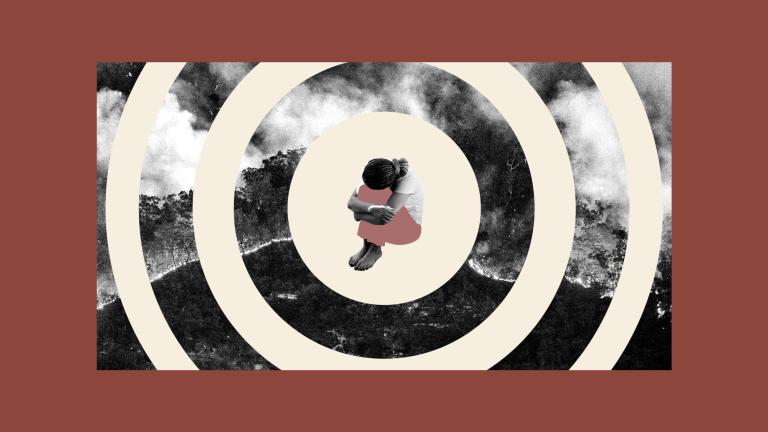 Collage of wildfire imagery closing in on an anxious person hugging their knees