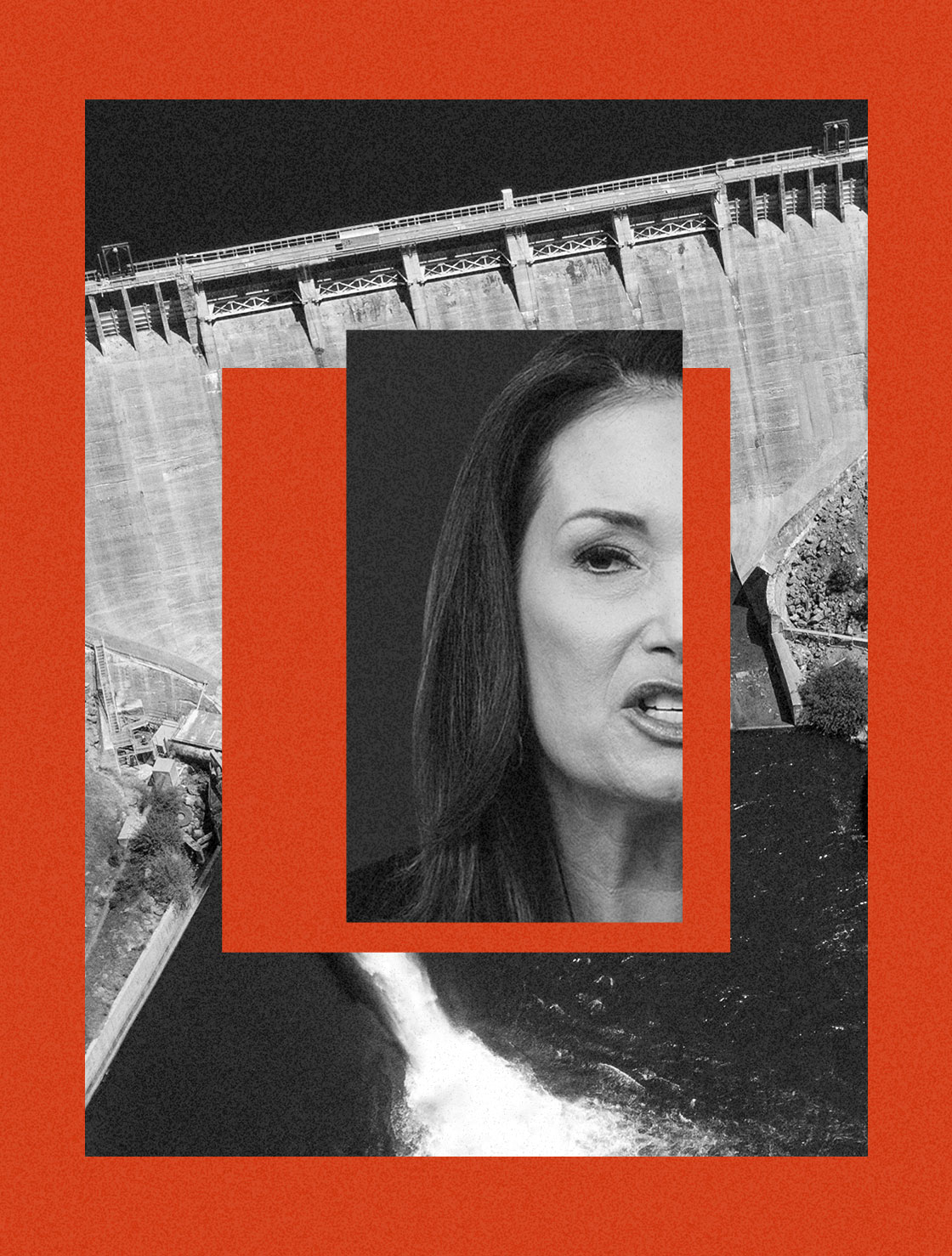 Collage of Brooke Rollins and an aerial view of a dam