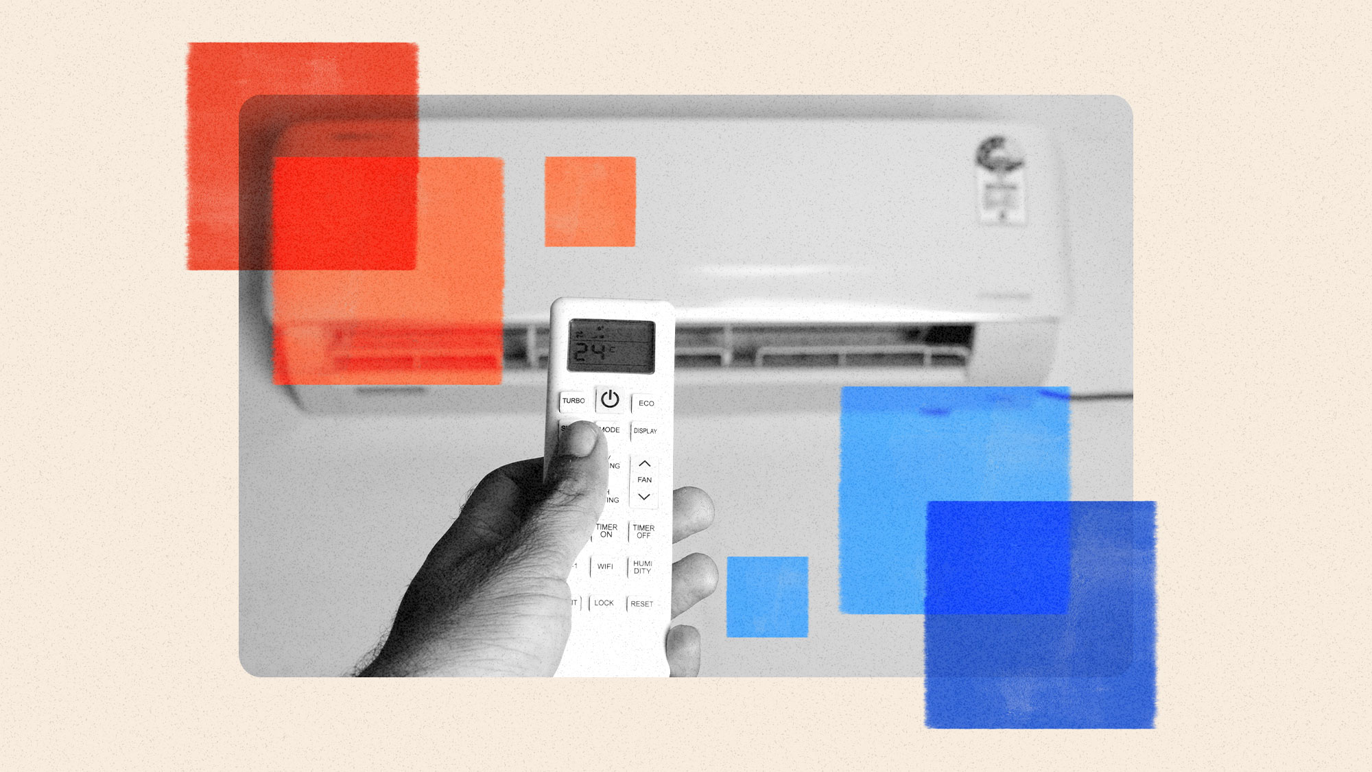 hand holding remote to a mini split heat/ac unit with red and blue squares on top