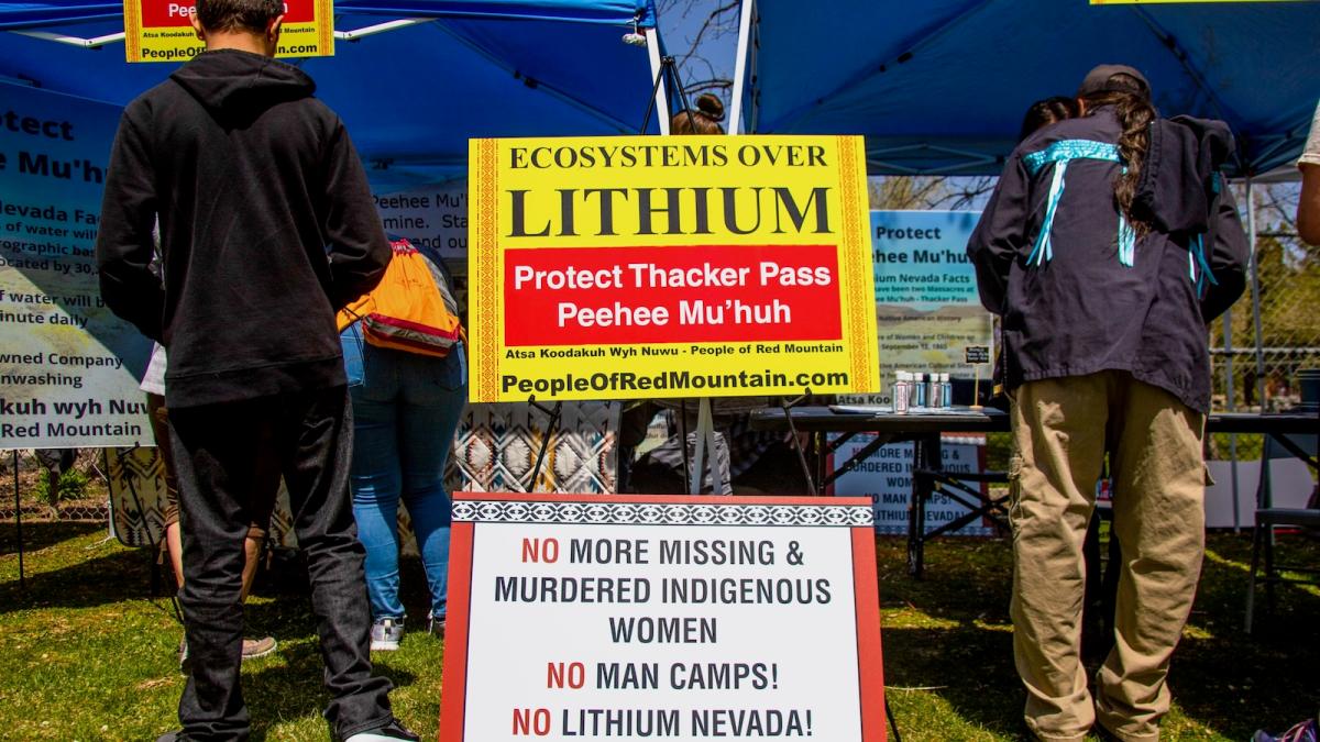 An Indigenous organization protests the Thacker Pass mine during an Earth Day event in a public park on a spring day in Reno, Nevada.