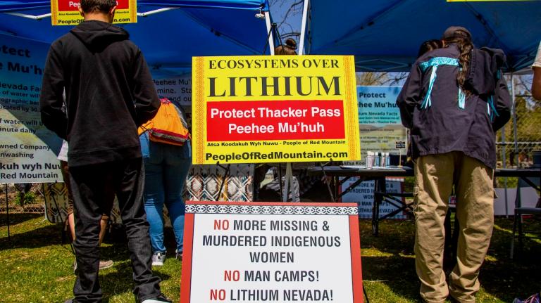 An Indigenous organization protests the Thacker Pass mine during an Earth Day event in a public park on a spring day in Reno, Nevada.