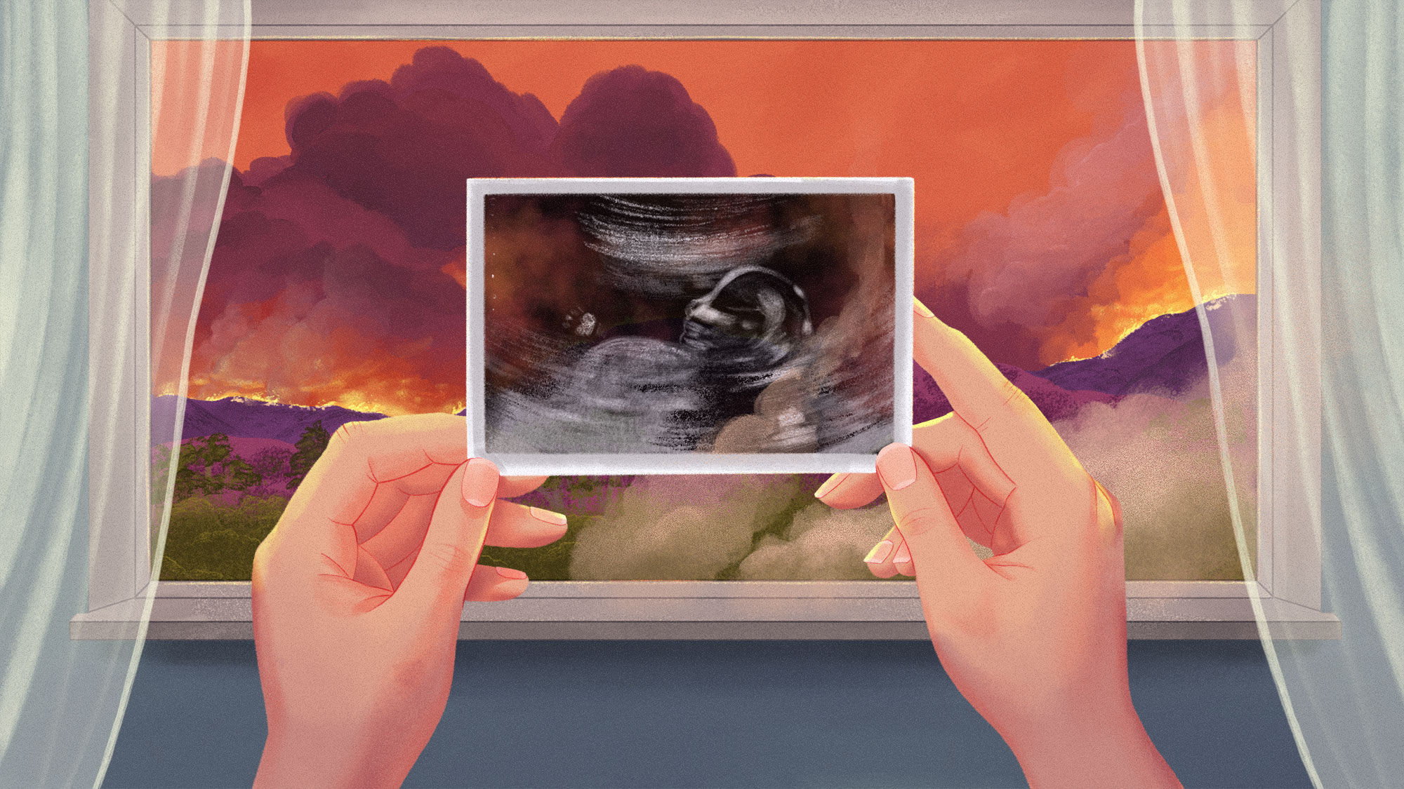 illustration of a pair of hands holding an ultrasound picture with a colorful scene of wildfires and smoke clouds in the background