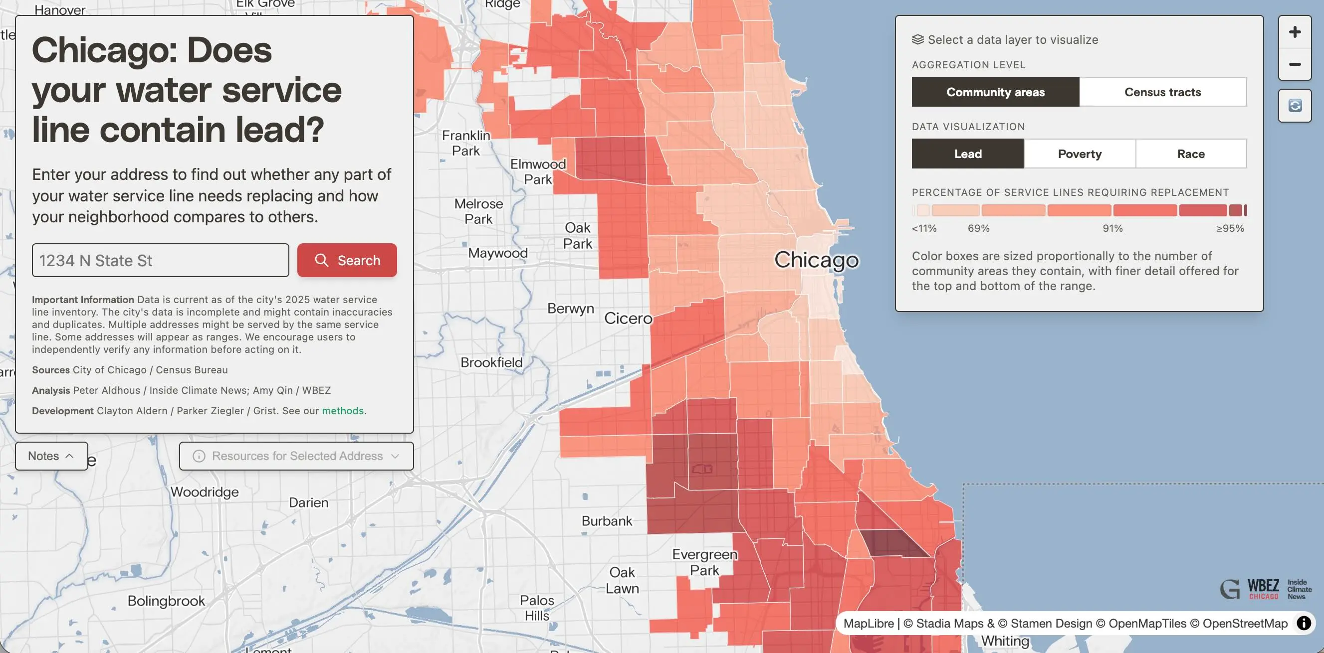 A map of Chicago with neighborhoods highlighted in varying shades of read, with a search box for addresses