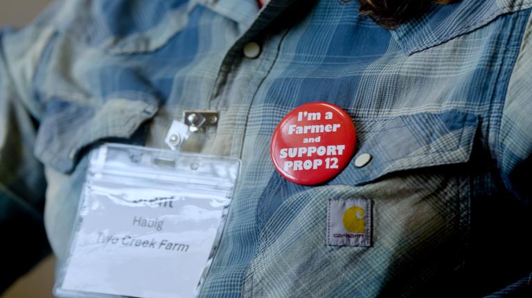 a close-up shot of a red button on a blue button-down shirt that says "I'm a farmer and support Prop 12"