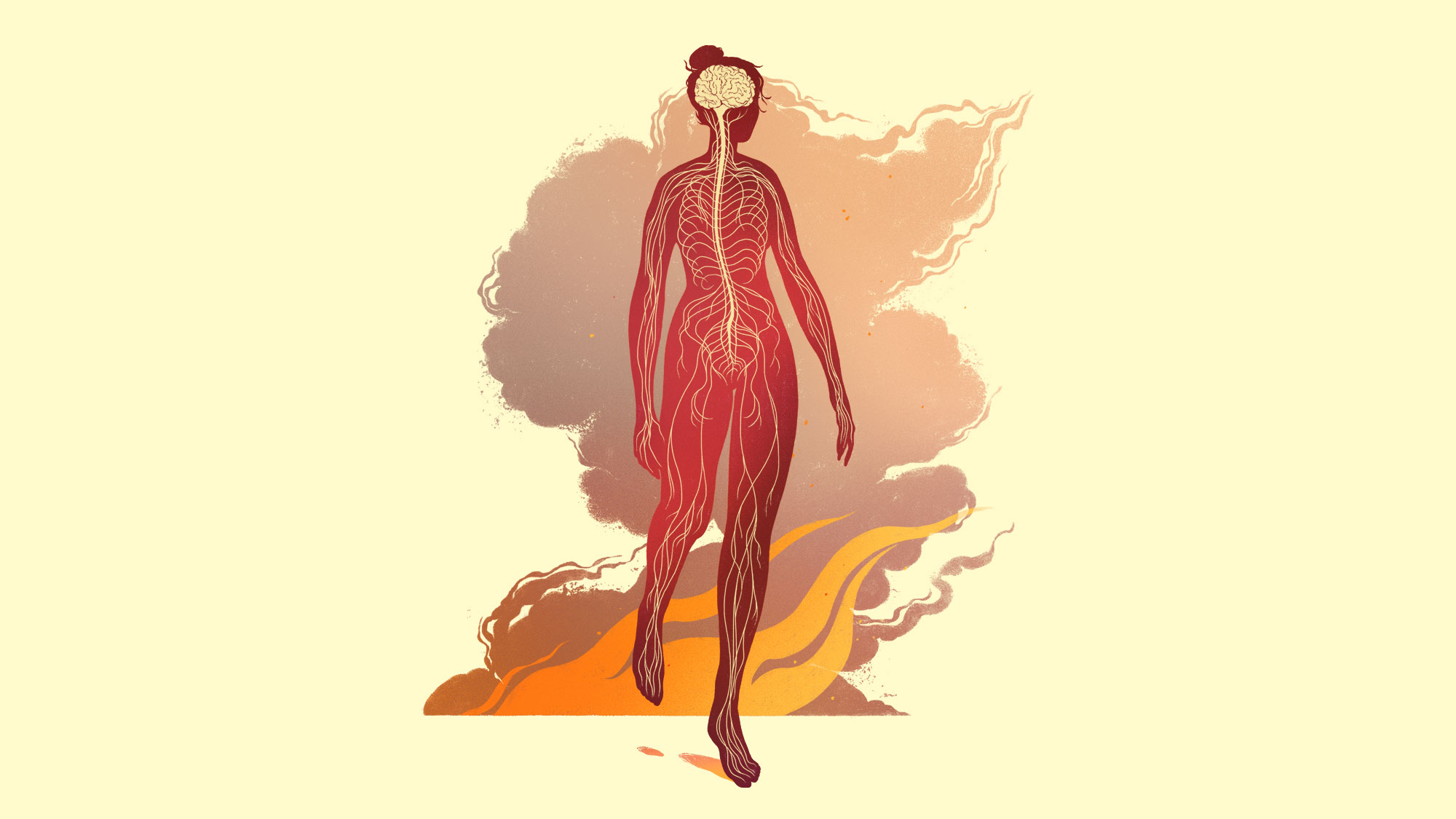Illustration of a figure showing the neurological system with wildfire smoke in the background