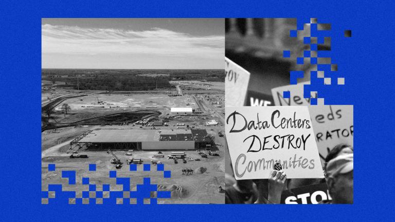 digital collage of a photo of a data center and a photo of people holding signs protesting data centers with pixel graphics on top