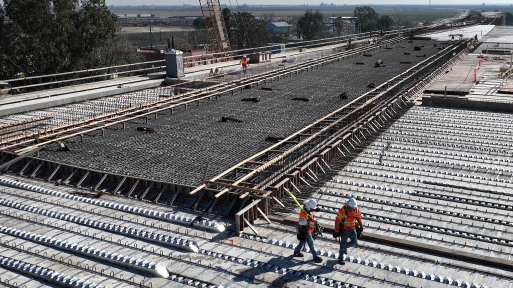 A construction crew works on a viaduct that will be part of the California high speed rail system.