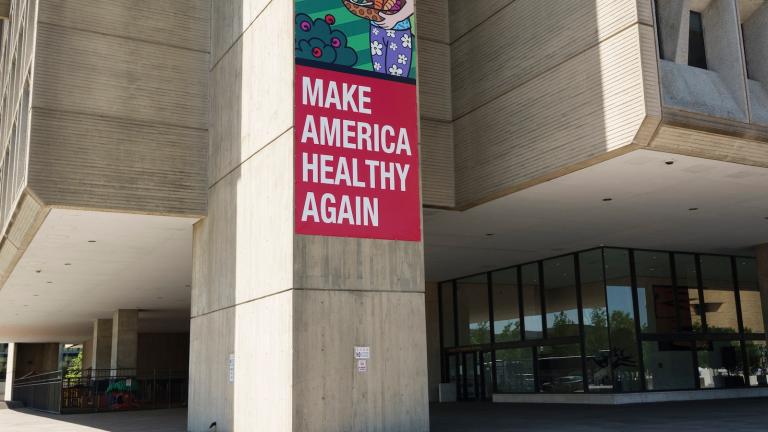 A Make America Healthy Again (MAHA) sign is displayed outside of the U.S. Department of Health and Human Services (HHS) headquarters at the Hubert H. Humphrey Building in Washington, DC.