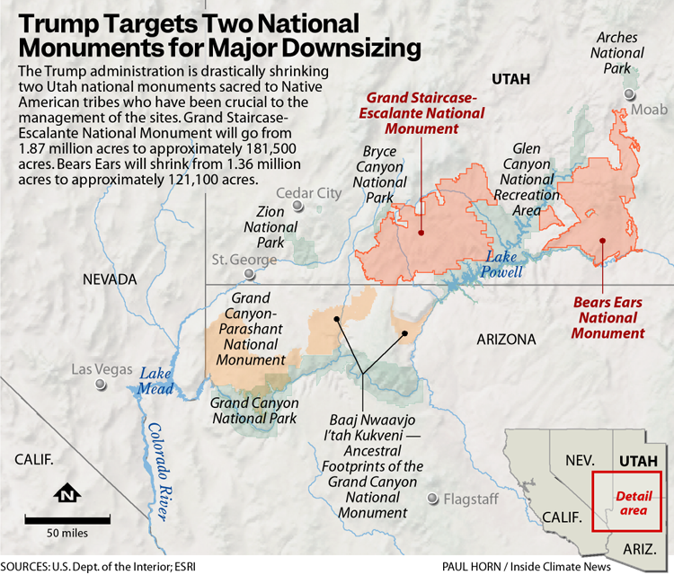 A map of shrunken Utah national monuments