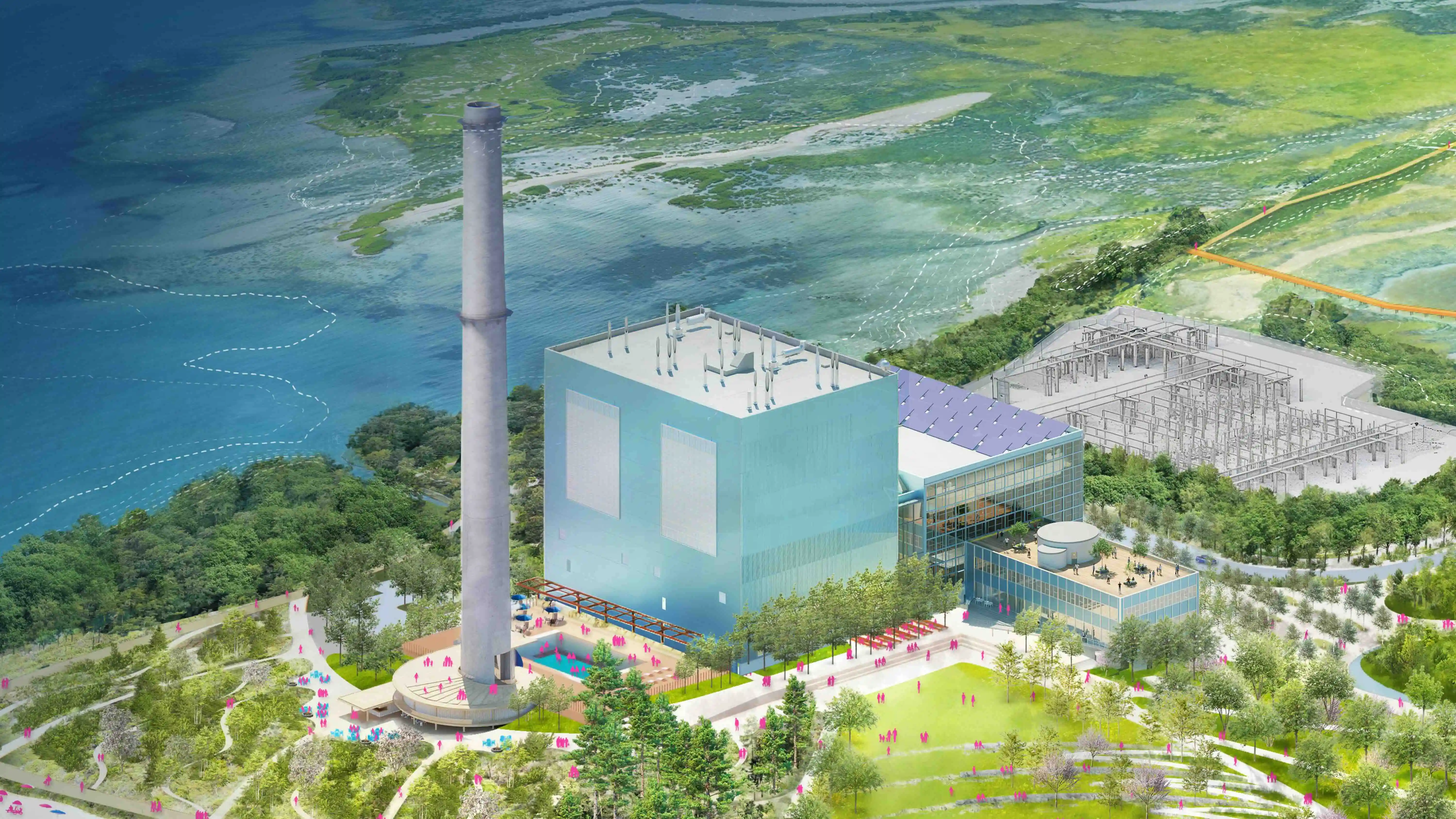 An illustration shows a park, walking trails, and a pool surrounding a former power plant structure