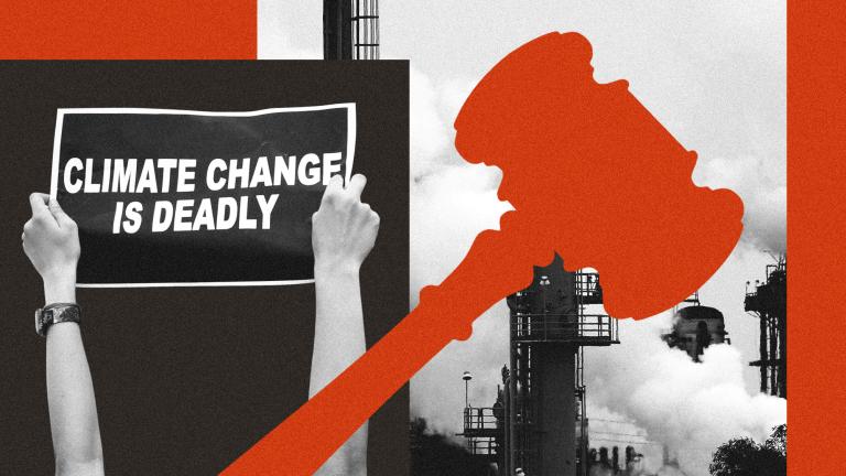 Collage of gavel, oil refinery, and protest sign reading "climate change is deadly"
