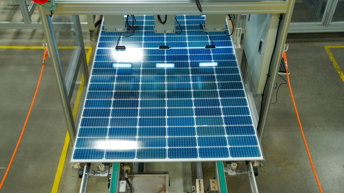 blue polysilicon wafers move down the production line on the way to making solar panels