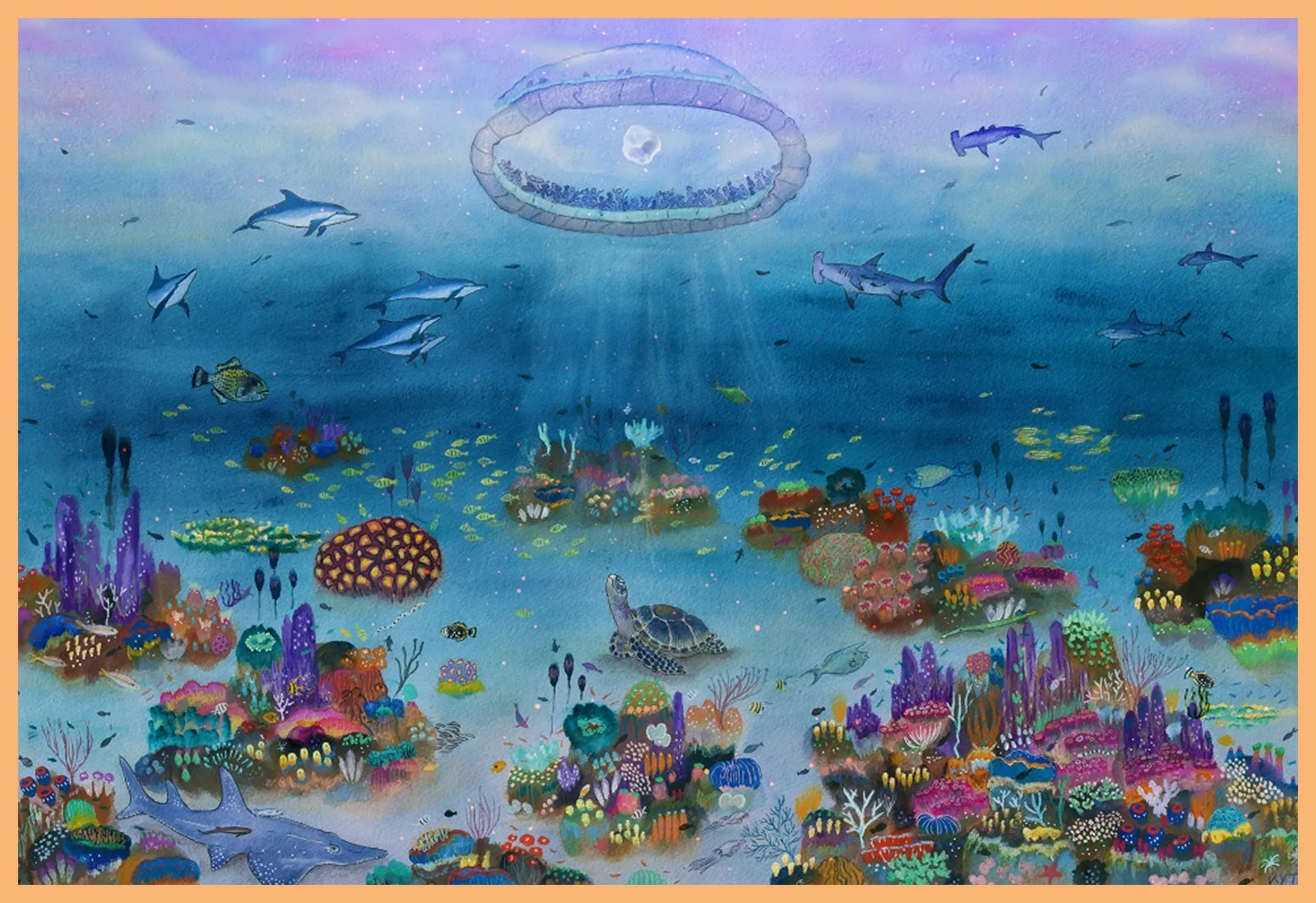 A painting shows a vibrant underwater scene with colorful reefs, dolphins, sharks, a turtle, and other sea life