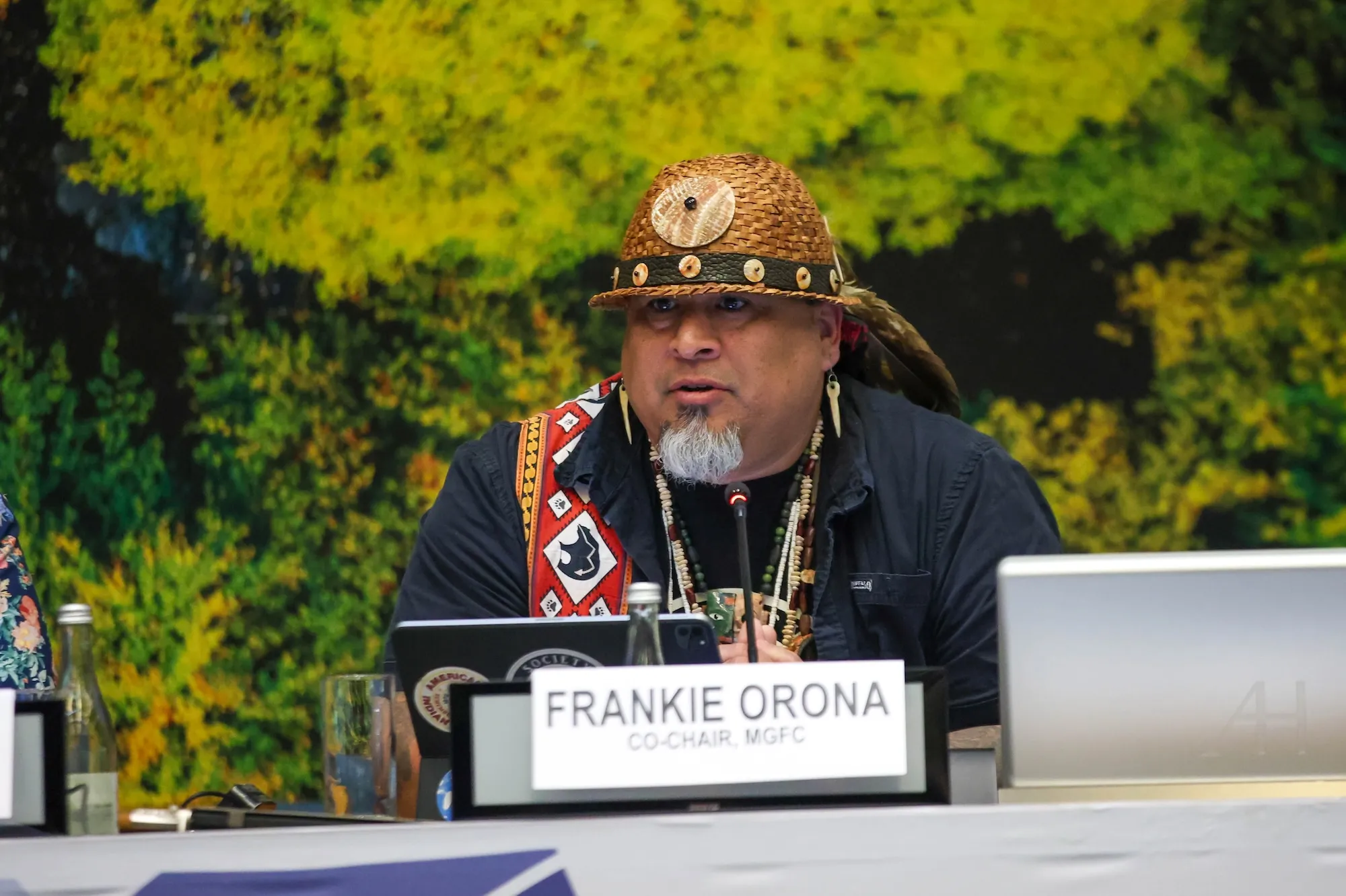 A man in a hat sits on a panel in front of a green backdrop