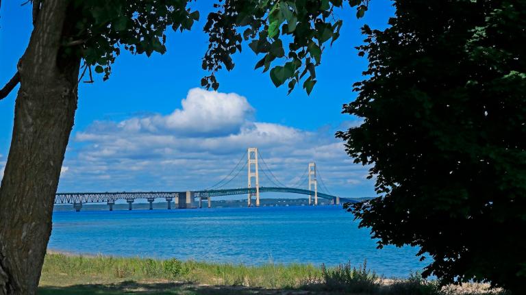 A view of Mackinac Bridge on a cloudy sunny day from a shoreline with trees.