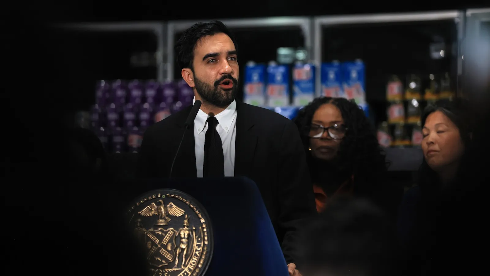 New York City Mayor Zohran Mamdani makes an announcement at a food distribution center in Brooklyn
