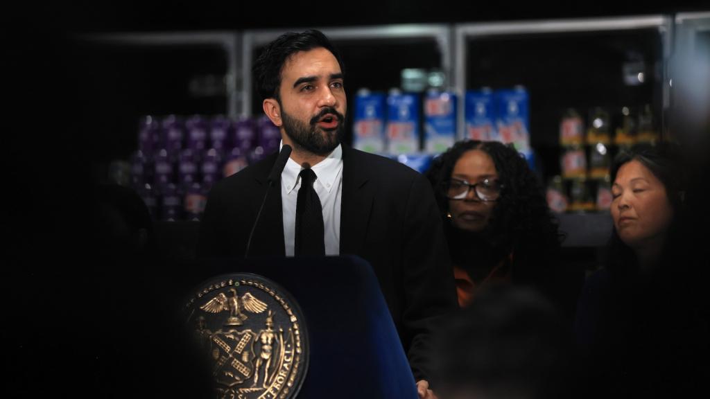 New York City Mayor Zohran Mamdani makes an announcement at a food distribution center in Brooklyn