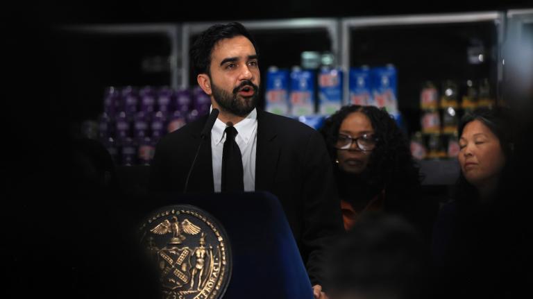 New York City Mayor Zohran Mamdani makes an announcement at a food distribution center in Brooklyn