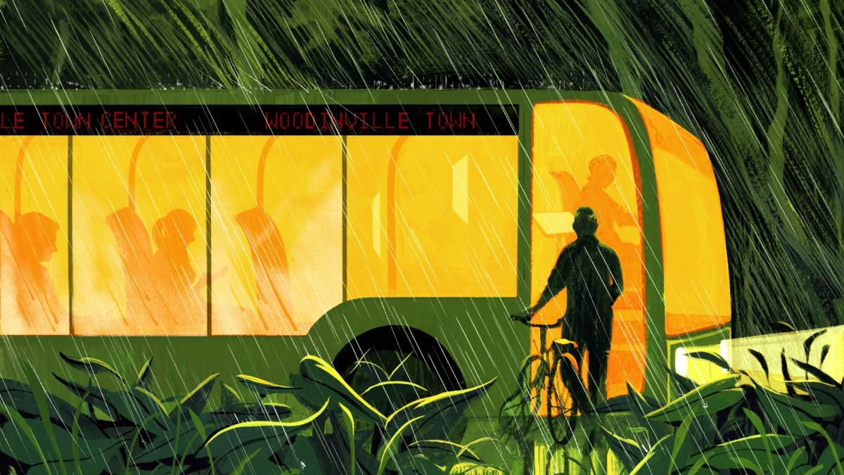 An illustration shows a bus in the pouring rain, lit by a comforting yellow glow. A person is getting on with a broken bicycle.