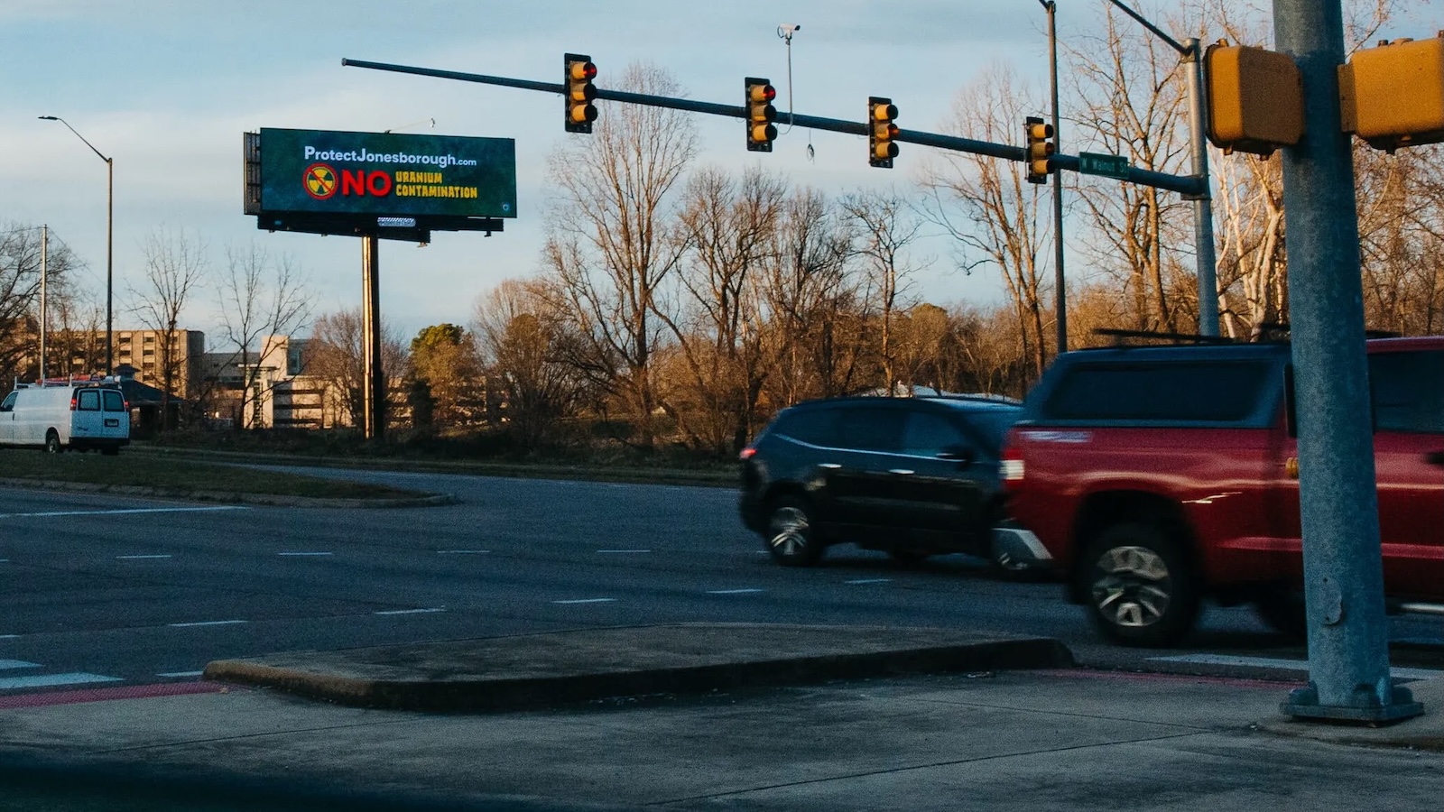 A billboard announcing community opposition to efforts to bring nuclear and defense industries to Jonesborough, Tennessess.