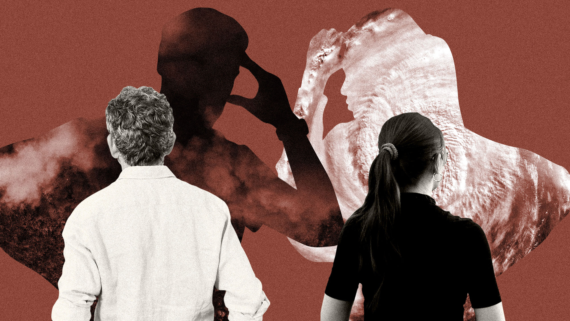 Collage of two people with their anxious silhouettes in the background containing wildfire and hurricane imagery