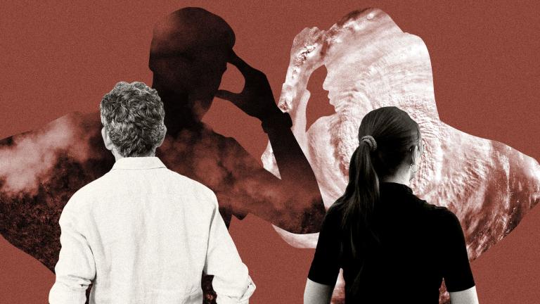 Collage of two people with their anxious silhouettes in the background containing wildfire and hurricane imagery