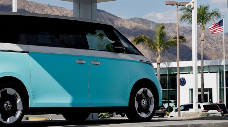 An electric Volkswagen ID Buzz Pro is seen at a dealership in sunny Pasadena, California