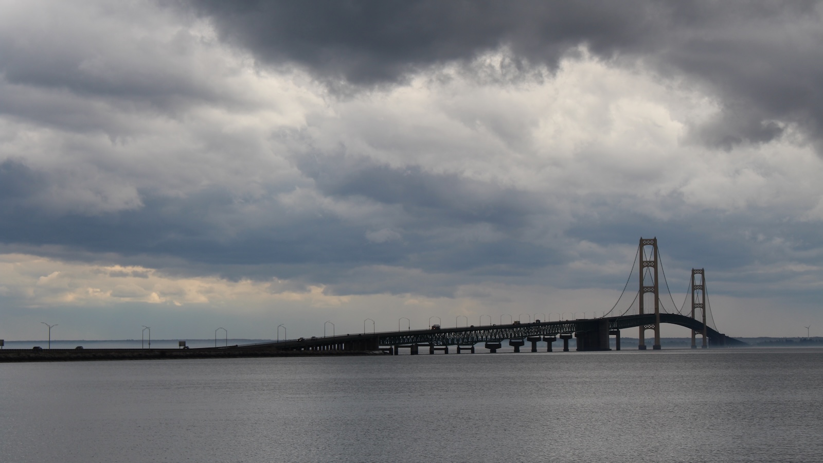 A wide view of the Mackinac Bridge on a stormy day.