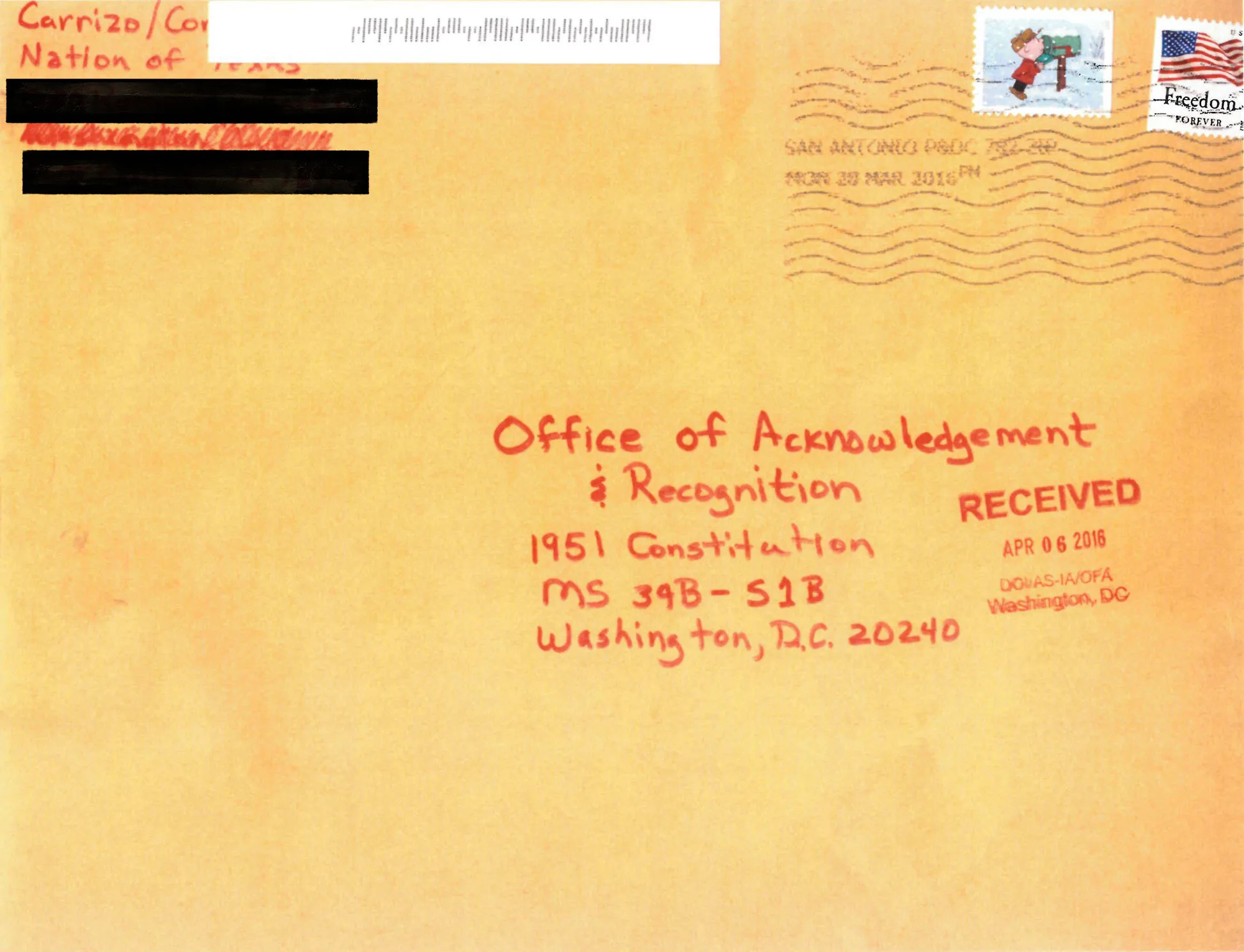 A color scanned copy of a manila envelope addressed to a Washington DC office of recognition with stamps on it and a redacted return address