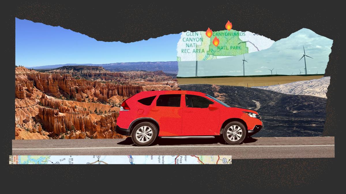 A collage of national park landscapes in Utah, a car, the highway, a road map, wind turbines, and a prescribed burn landscape