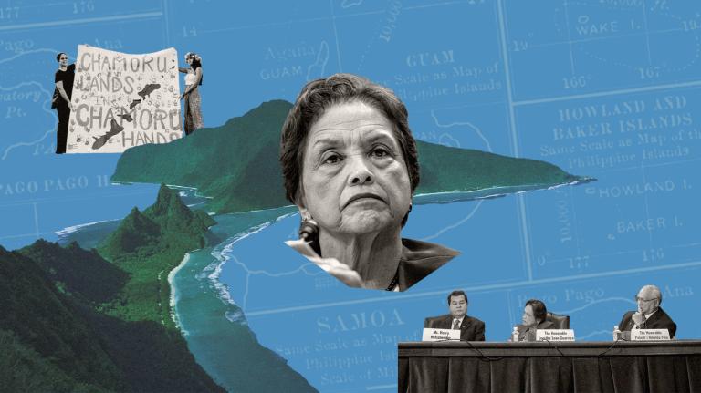 A collage of the island of American Samoa, protesters from CNMI, a panel with leaders from US territories, and Guam governor Lou Leon Guerrero