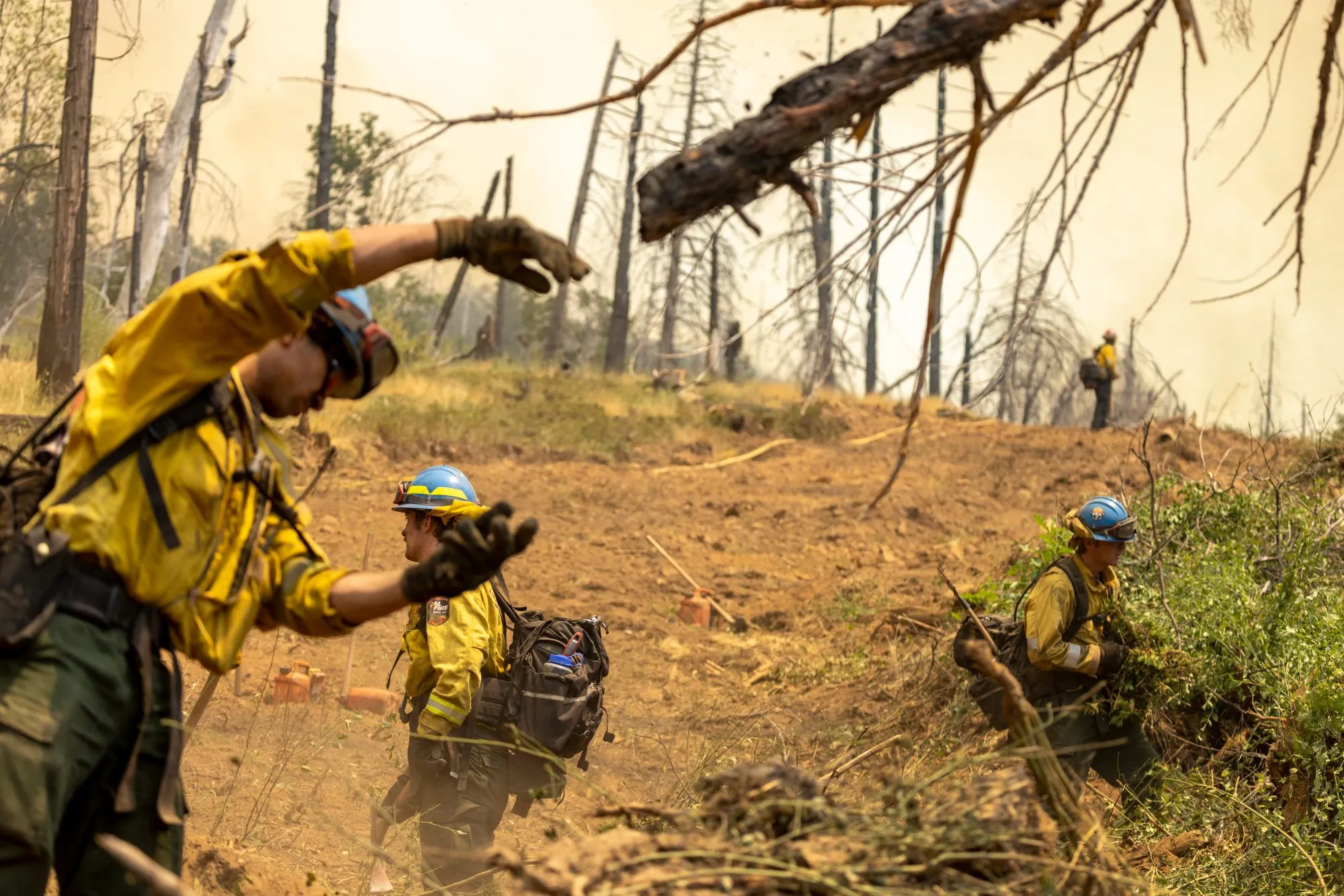 Crews cut vegetation to widen a fire line for the Oak Fire near Mariposa, California in 2022.