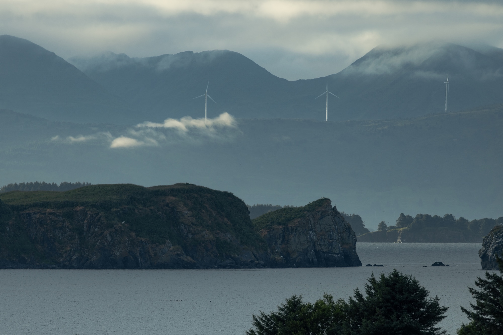 wind turbines seen near a seashore